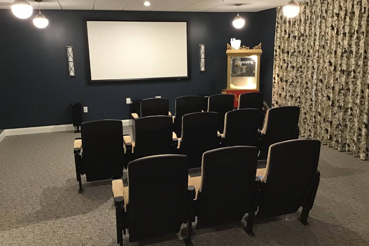 A cozy theater room with 12 seats and a large projector screen